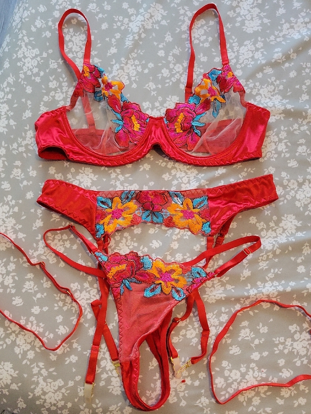 Red Floral Embroidered Lingerie Set